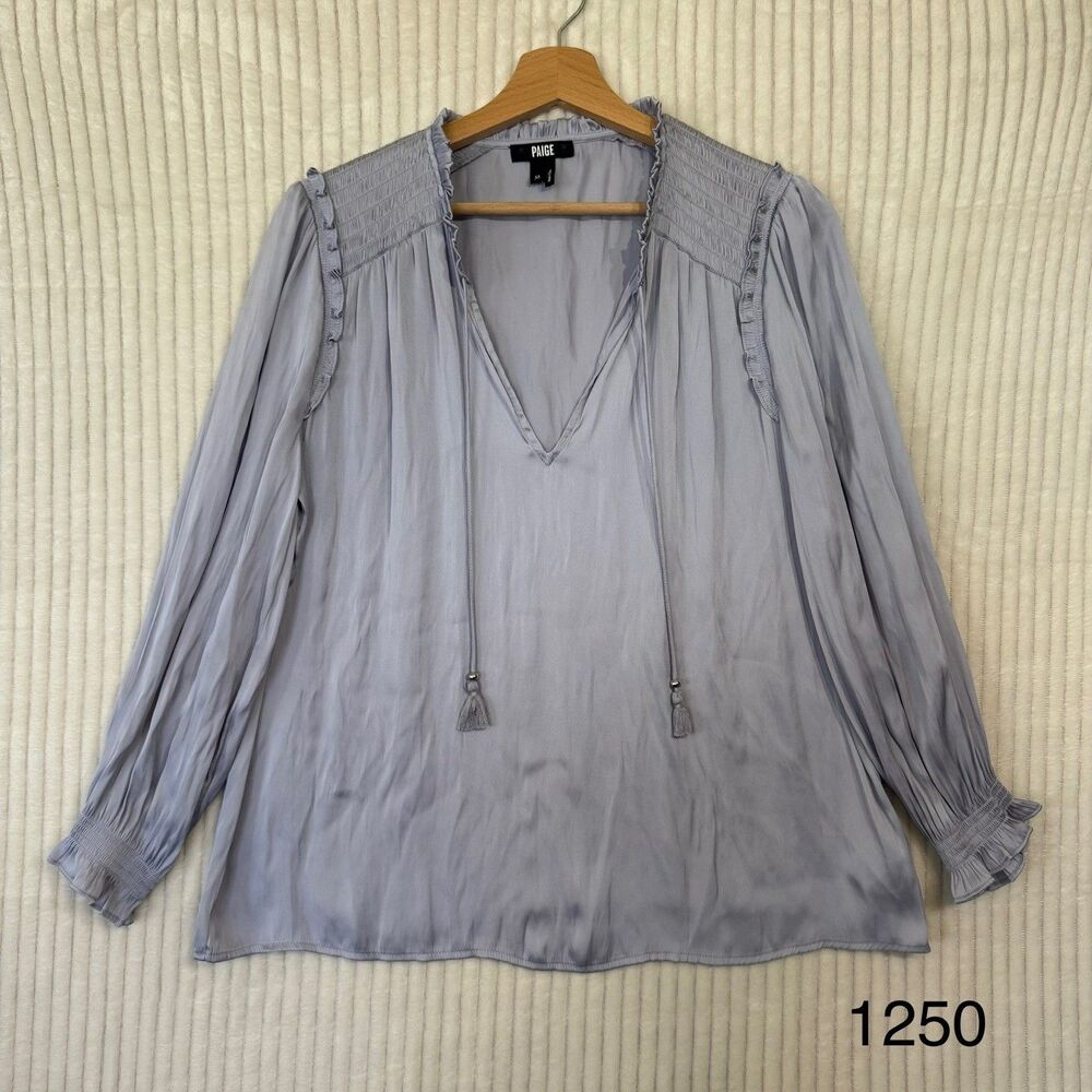 Paige Shirt Women Size M Salt Blue Satin Ruffle Tie Neck Kaylynn Peasant Top